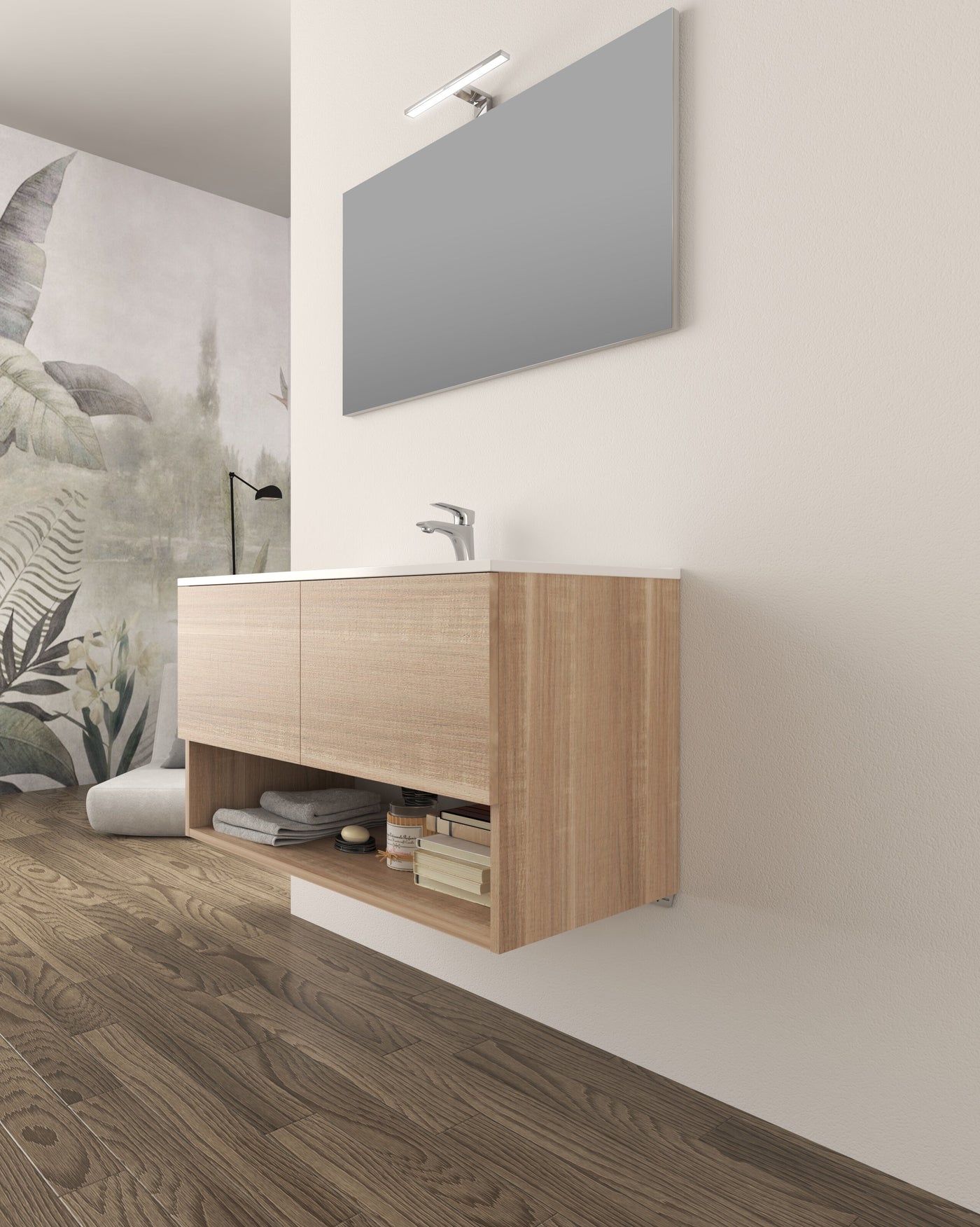 Zena bathroom furniture set, Bruges oak, 2 doors, with mirror and lamp