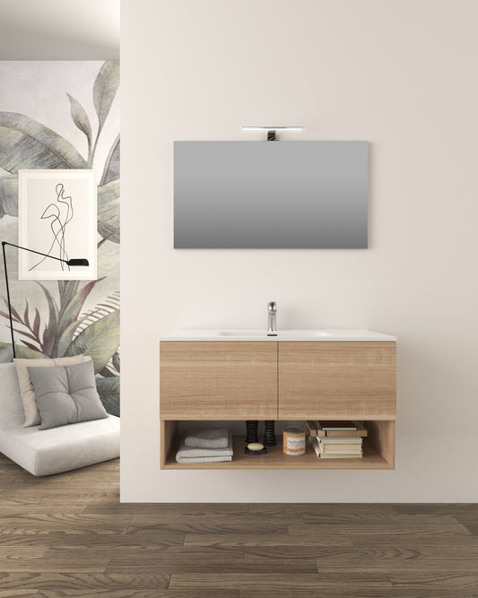 Zena bathroom furniture set, Bruges oak, 2 doors, with mirror and lamp