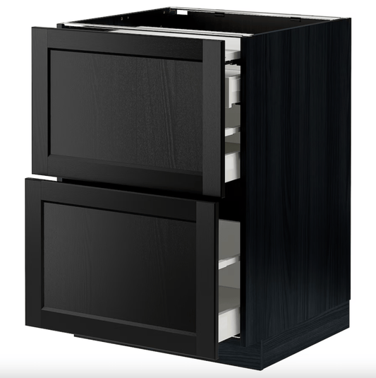 Ikea METOD / MAXIMERA - Bc w pull-out work surface/3drw, black/Lerhyttan black stained, 60x60 cm