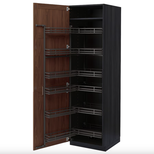 METOD - High cabinet with pull-out larder, black Enköping/brown walnut effect, 60x60x200 cm