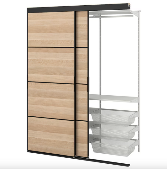 SKYTTA / BOAXEL - Reach-in wardrobe with sliding door, black double sided/Mehamn white stained oak effect, 152x65x205 cm