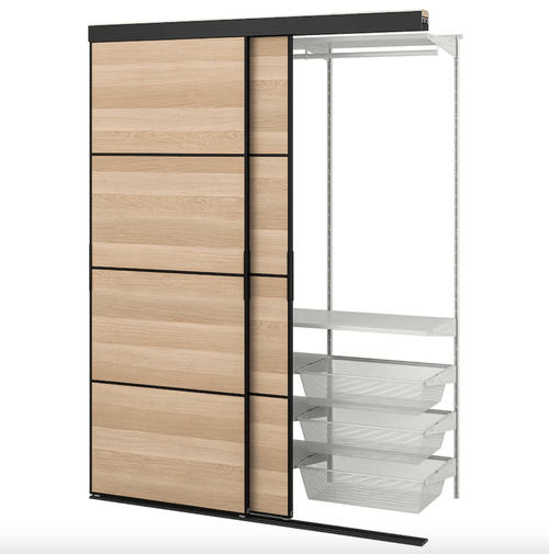 SKYTTA / BOAXEL - SKYTTA / BOAXEL Reach-in wardrobe with sliding door, black double sided/Mehamn white stained oak effect, 152x65x205 cm