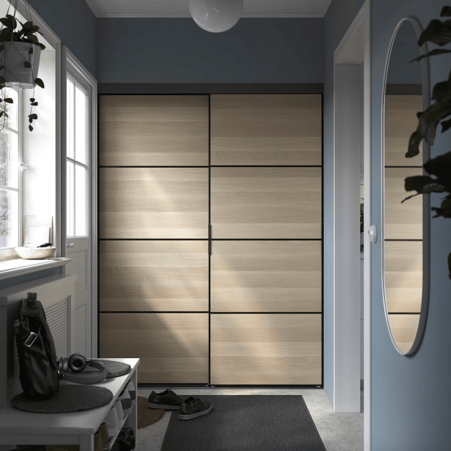 Ikea SKYTTA / BOAXEL - Reach-in wardrobe with sliding door, black double sided/Mehamn white stained oak effect, 152x65x205 cm