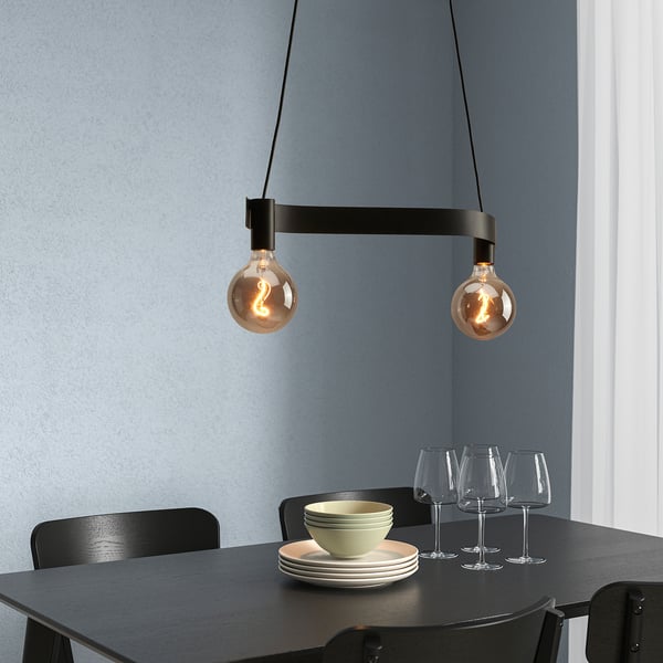 ACKJA / MOLNART - Pendant lamp with bulb, wavy black/globe transparent glass grey