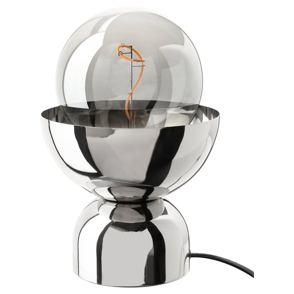 ACKJA / MOLNART table lamp with light bulb, chrome effect/globe grey clear glass