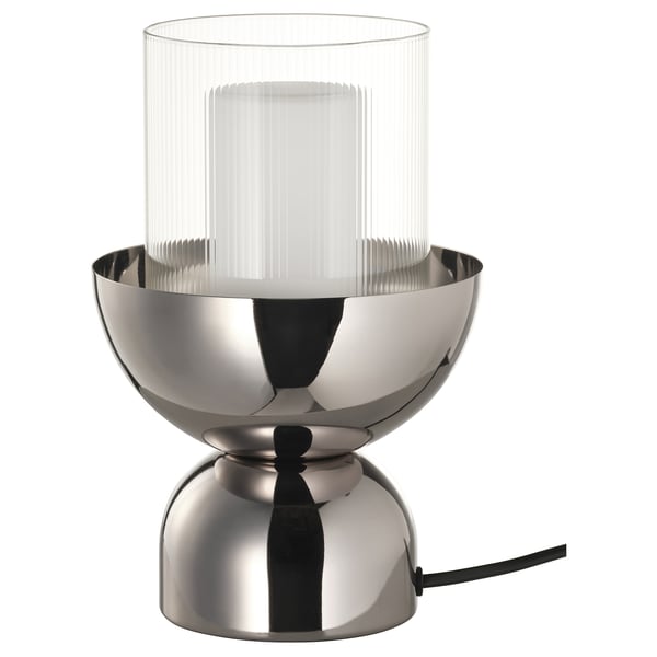 ACKJA / MOLNART table lamp with light bulb, nickel-plated/cylinder striped