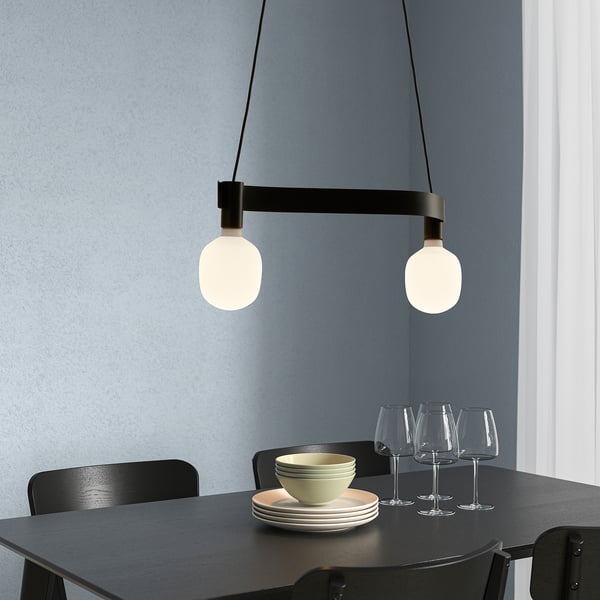 ACKJA / TRÅDFRI - Pendant lamp with light bulb, wave shaped black/smart wireless dimmable