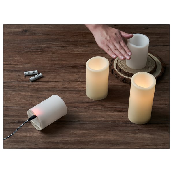 ÄDELLÖVTRÄD - LED block candle, white/indoor, 14 cm