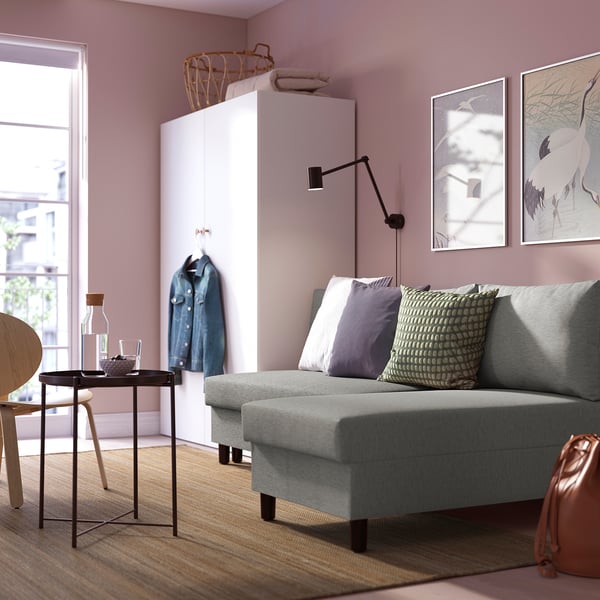 ÄLVDALEN 3-seat sofa-bed with chaise longue, Knisa grey-beige, 196x81x82 cm
