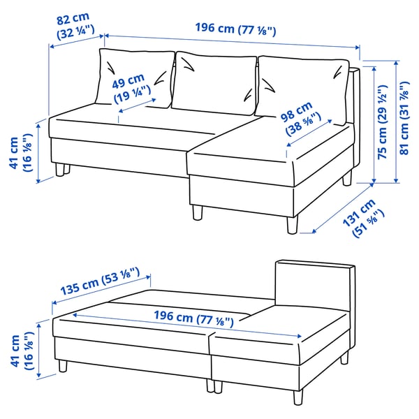 ÄLVDALEN 3-seat sofa-bed with chaise longue, Knisa dark grey, 196x81x82 cm