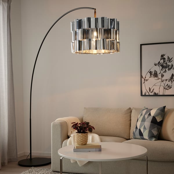 ÄLVSTARR / SKAFTET - Floor lamp, arched, chrome / black effect ,