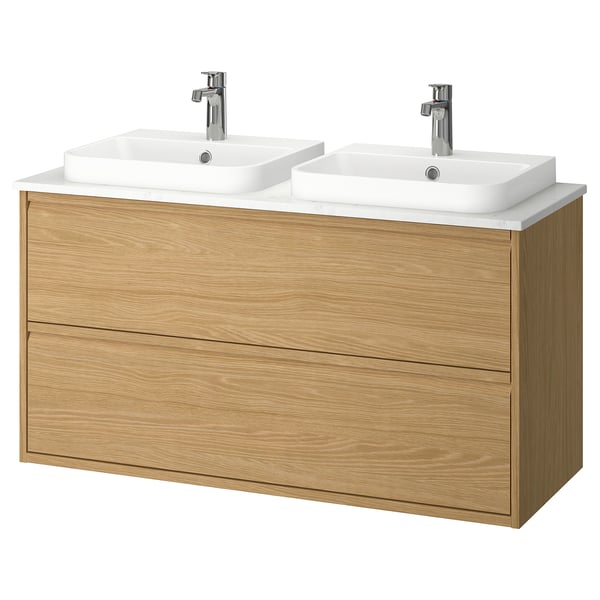ÄNGSJÖN / BACKSJÖN wash-stnd w drawers/wash-basin/taps, oak effect/white marble effect, 122x49x71 cm