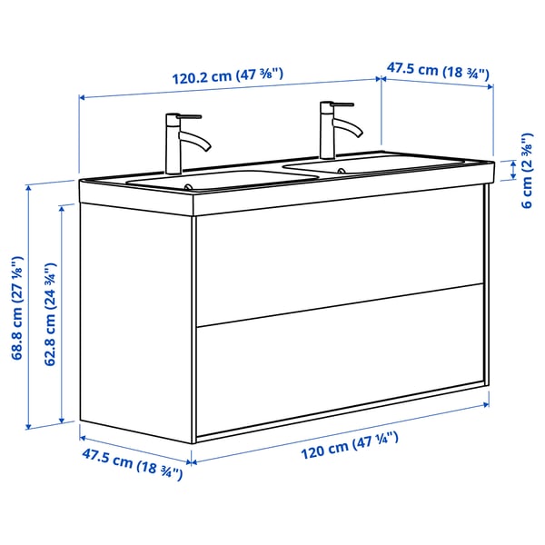 ÄNGSJÖN / BACKSJÖN wash-stnd w drawers/wash-basin/taps, oak effect, 120x48x69 cm