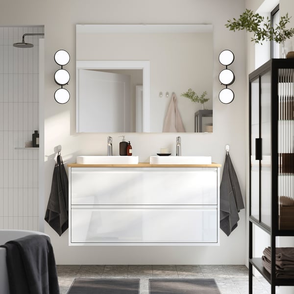 ÄNGSJÖN / BACKSJÖN wash-stnd w drawers/wash-basin/taps, high-gloss white/bamboo, 122x49x71 cm