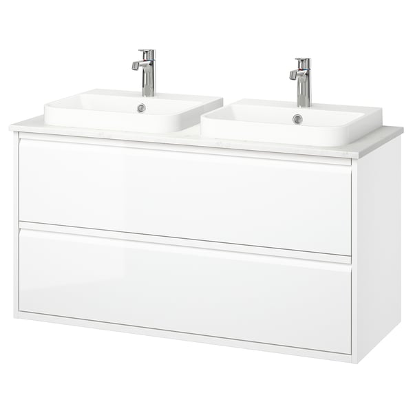 ÄNGSJÖN / BACKSJÖN wash-stnd w drawers/wash-basin/taps, high-gloss white/white marble effect, 122x49x71 cm