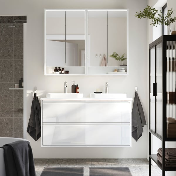 ÄNGSJÖN / BACKSJÖN - Washbasin/drawer/mixer unit, glossy white/marble white effect,122x49x71 cm