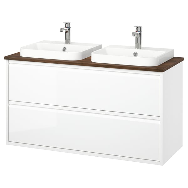 ÄNGSJÖN / BACKSJÖN wash-stnd w drawers/wash-basin/taps, high-gloss white/brown walnut effect, 122x49x71 cm