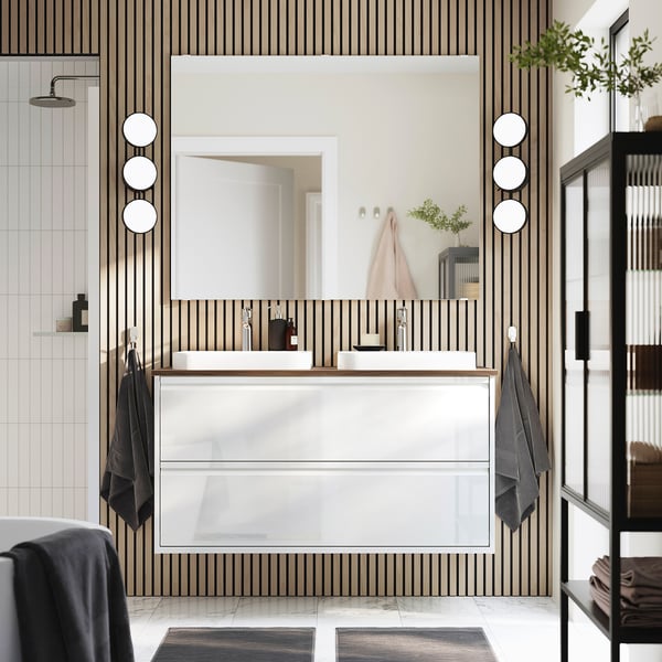 ÄNGSJÖN / BACKSJÖN wash-stnd w drawers/wash-basin/taps, high-gloss white/brown walnut effect, 122x49x71 cm