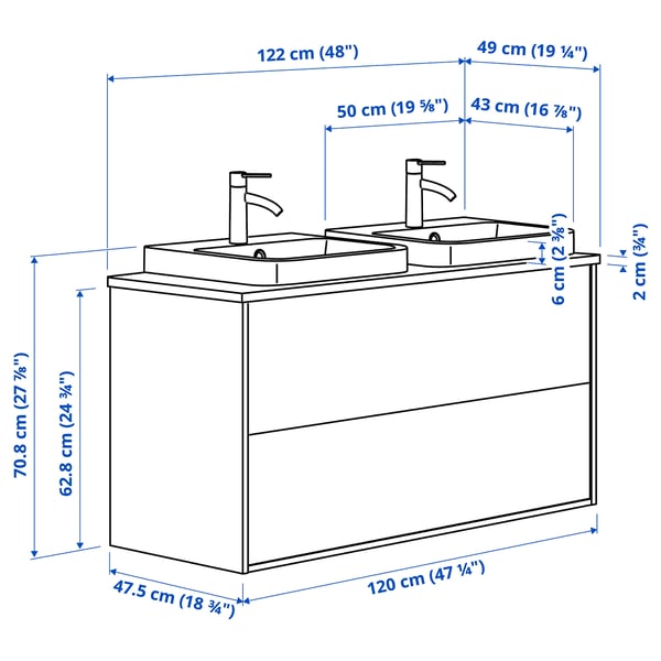 ÄNGSJÖN / BACKSJÖN wash-stnd w drawers/wash-basin/taps, high-gloss white/brown walnut effect, 122x49x71 cm