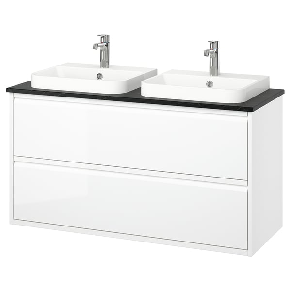 ÄNGSJÖN / BACKSJÖN wash-stnd w drawers/wash-basin/taps, high-gloss white/black marble effect, 122x49x71 cm