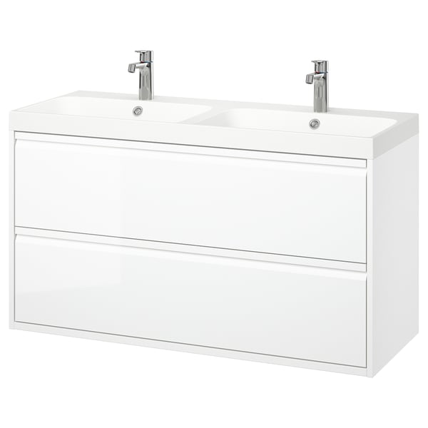 ÄNGSJÖN / BACKSJÖN wash-stnd w drawers/wash-basin/taps, high-gloss white, 120x48x69 cm