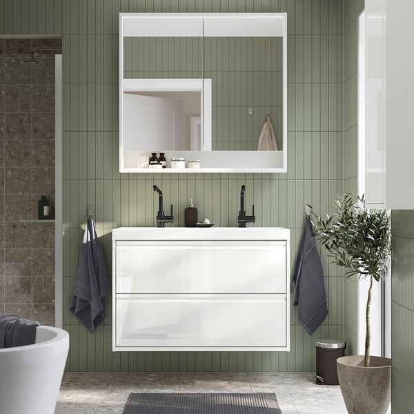 ÄNGSJÖN / BACKSJÖN wash-stnd w drawers/wash-basin/taps, high-gloss white, 100x48x69 cm