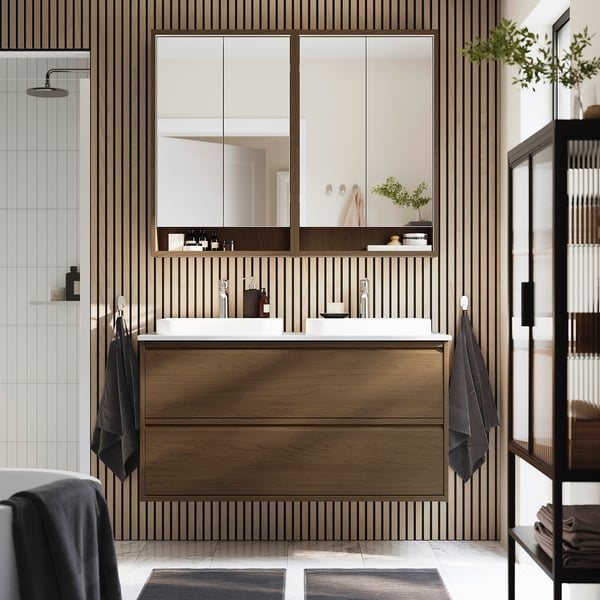 ÄNGSJÖN / BACKSJÖN - Wash/Washbasin/Mixer cabinet, oak-effect brown/marble-effect white,122x49x71 cm