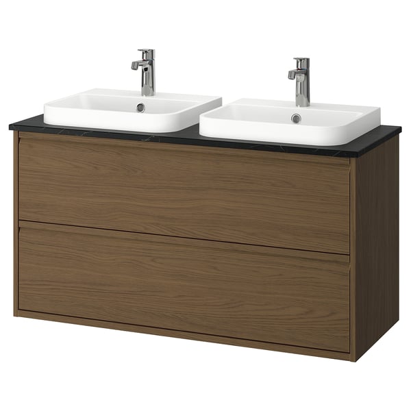 ÄNGSJÖN / BACKSJÖN wash-stnd w drawers/wash-basin/taps, brown oak effect/black marble effect, 122x49x71 cm