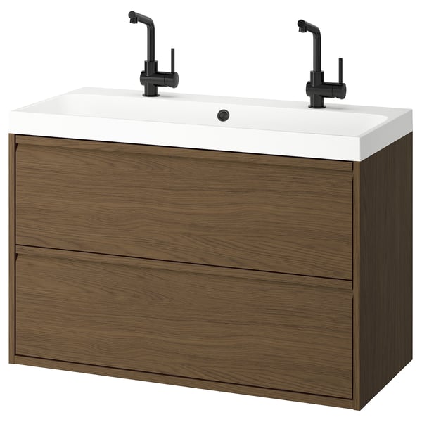 ÄNGSJÖN / BACKSJÖN wash-stnd w drawers/wash-basin/taps, brown oak effect, 100x48x69 cm