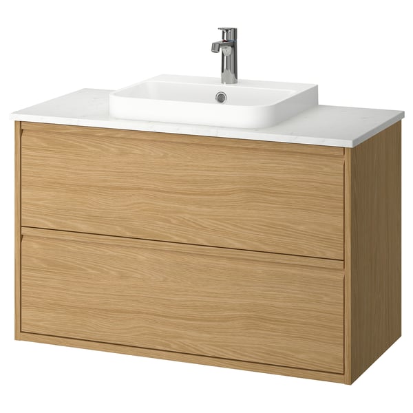 ÄNGSJÖN / BACKSJÖN wash-stnd w drawers/wash-basin/tap, oak effect/white marble effect, 102x49x71 cm
