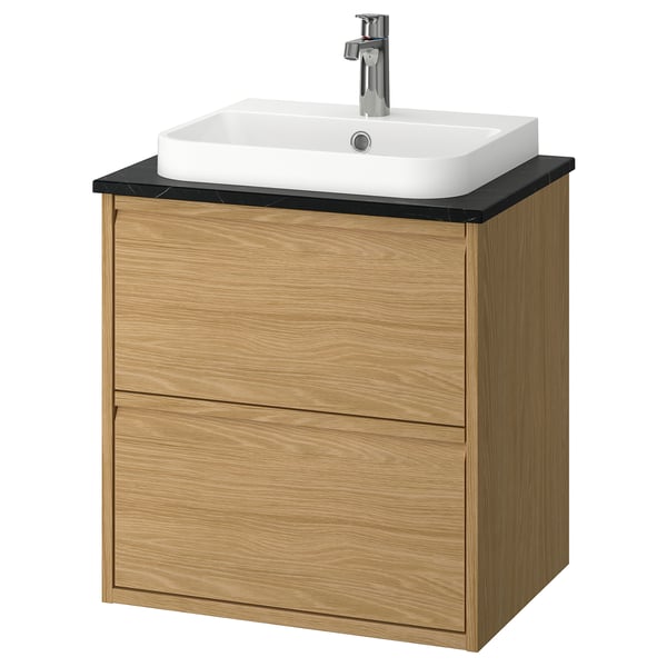 ÄNGSJÖN / BACKSJÖN wash-stnd w drawers/wash-basin/tap, oak effect/black marble effect, 62x49x71 cm