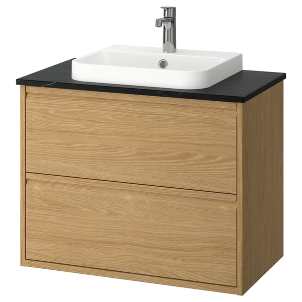 ÄNGSJÖN / BACKSJÖN wash-stnd w drawers/wash-basin/tap, oak effect/black marble effect, 82x49x71 cm
