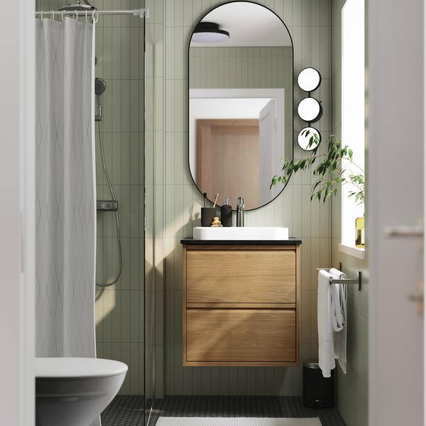 ÄNGSJÖN / BACKSJÖN - Washbasin/drawer unit/misc, oak/black marble effect,62x49x71 cm