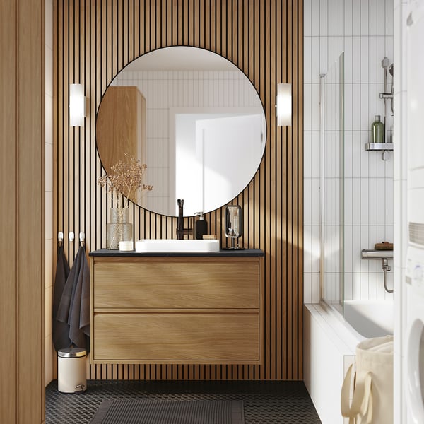 ÄNGSJÖN / BACKSJÖN - Washbasin/drawer unit/misc, oak/black marble effect,102x49x71 cm