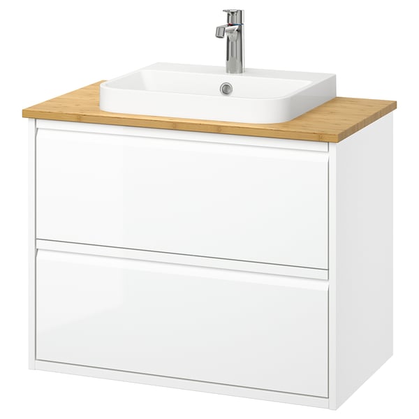 ÄNGSJÖN / BACKSJÖN wash-stnd w drawers/wash-basin/tap, high-gloss white/bamboo, 82x49x71 cm