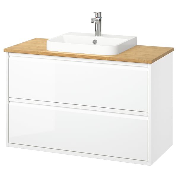 ÄNGSJÖN / BACKSJÖN wash-stnd w drawers/wash-basin/tap, high-gloss white/bamboo, 102x49x71 cm