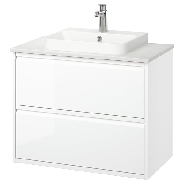 ÄNGSJÖN / BACKSJÖN wash-stnd w drawers/wash-basin/tap, high-gloss white/white marble effect, 82x49x71 cm