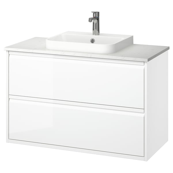 ÄNGSJÖN / BACKSJÖN wash-stnd w drawers/wash-basin/tap, high-gloss white/white marble effect, 102x49x71 cm