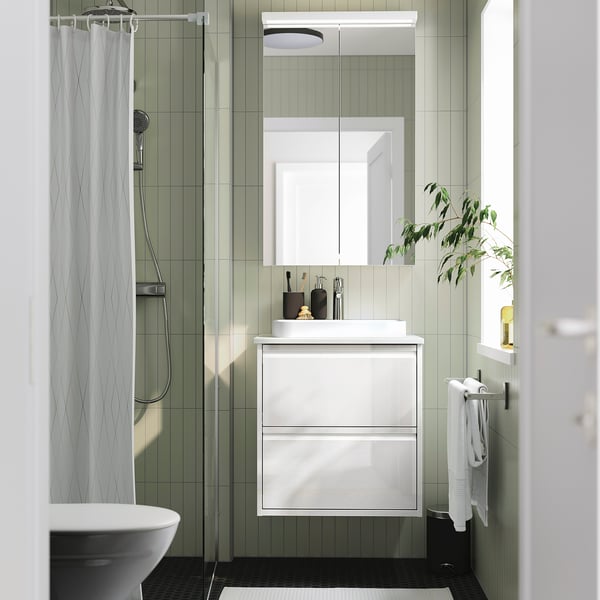 ÄNGSJÖN / BACKSJÖN wash-stnd w drawers/wash-basin/tap, high-gloss white/white marble effect, 62x49x71 cm