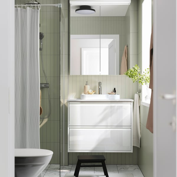 ÄNGSJÖN / BACKSJÖN wash-stnd w drawers/wash-basin/tap, high-gloss white/white marble effect, 82x49x71 cm