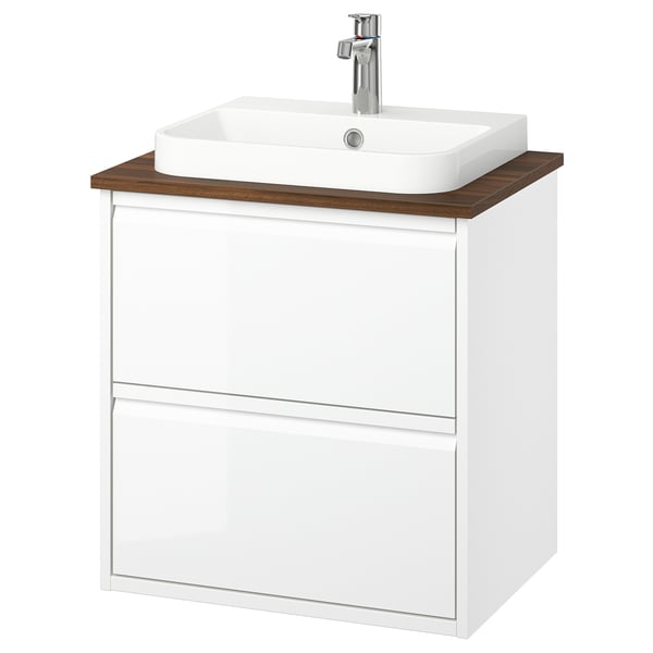 ÄNGSJÖN / BACKSJÖN wash-stnd w drawers/wash-basin/tap, high-gloss white/brown walnut effect, 62x49x71 cm