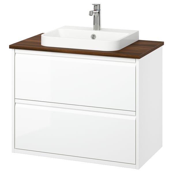 ÄNGSJÖN / BACKSJÖN wash-stnd w drawers/wash-basin/tap, high-gloss white/brown walnut effect, 82x49x71 cm