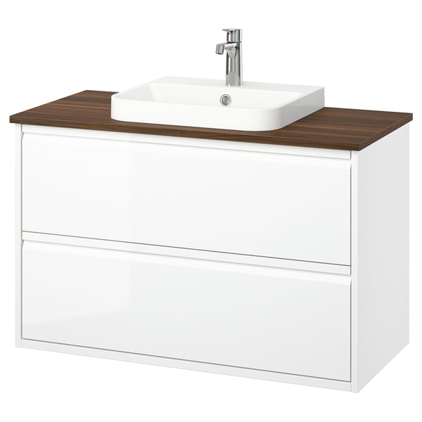 ÄNGSJÖN / BACKSJÖN wash-stnd w drawers/wash-basin/tap, high-gloss white/brown walnut effect, 102x49x71 cm