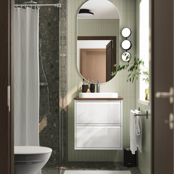 ÄNGSJÖN / BACKSJÖN wash-stnd w drawers/wash-basin/tap, high-gloss white/brown walnut effect, 62x49x71 cm
