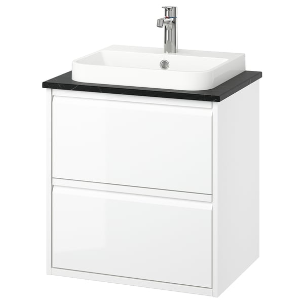 ÄNGSJÖN / BACKSJÖN wash-stnd w drawers/wash-basin/tap, high-gloss white/black marble effect, 62x49x71 cm