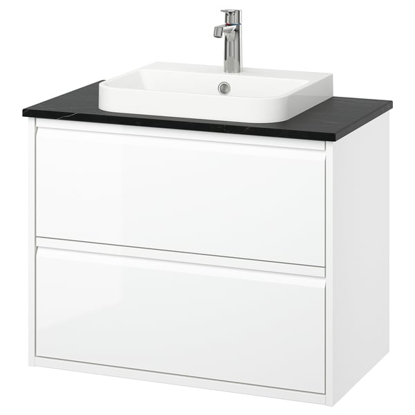 ÄNGSJÖN / BACKSJÖN wash-stnd w drawers/wash-basin/tap, high-gloss white/black marble effect, 82x49x71 cm
