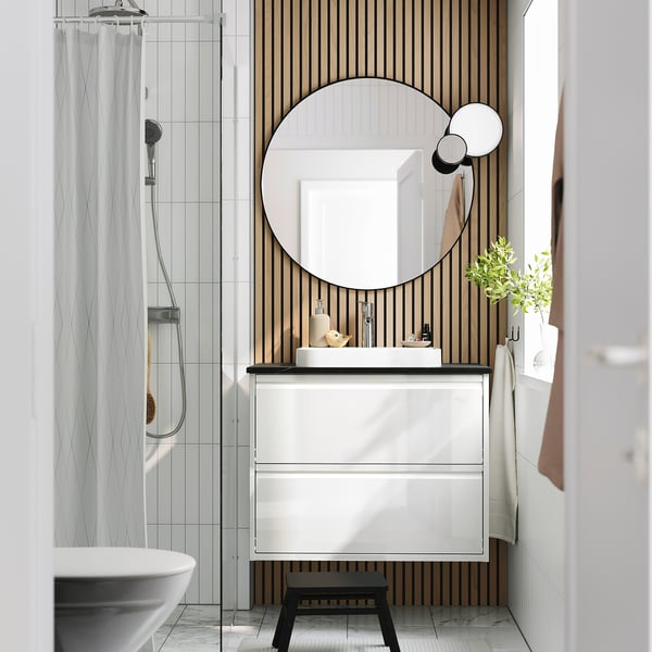 ÄNGSJÖN / BACKSJÖN - Washbasin/drawer unit/misc, glossy white/black marble effect,82x49x71 cm