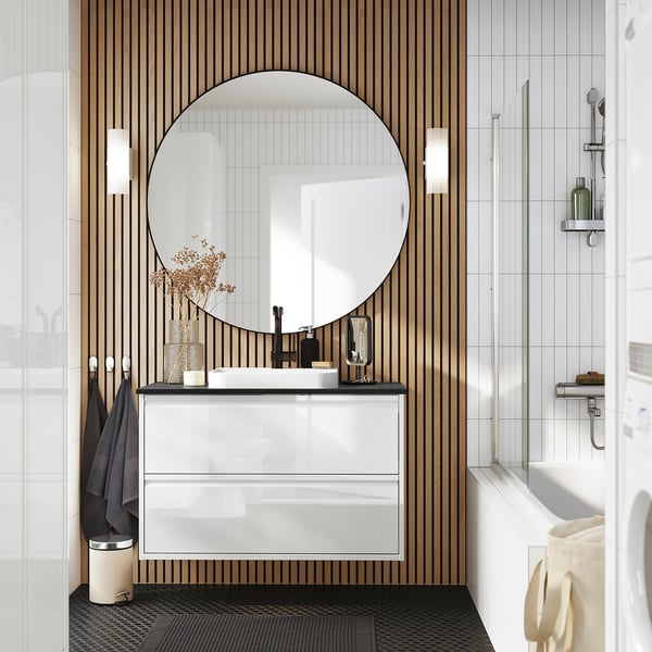 ÄNGSJÖN / BACKSJÖN - Washbasin/drawer unit/misc, glossy white/black marble effect,102x49x71 cm