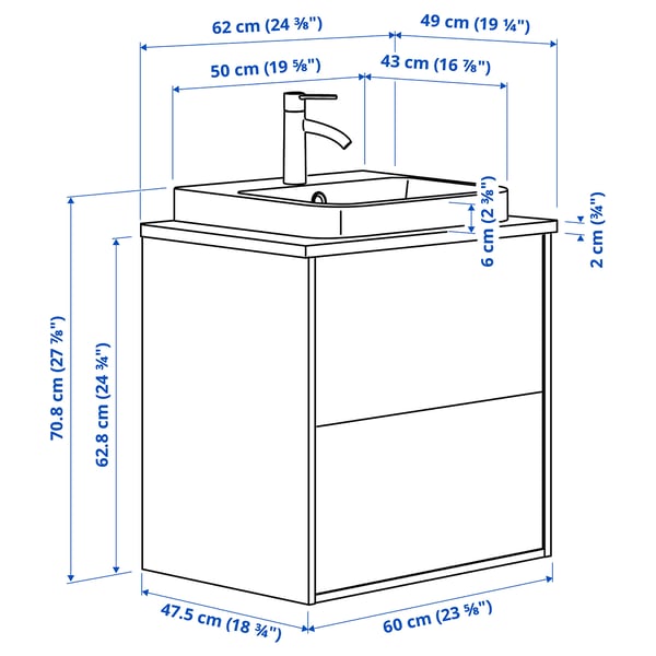 ÄNGSJÖN / BACKSJÖN wash-stnd w drawers/wash-basin/tap, high-gloss white/black marble effect, 62x49x71 cm