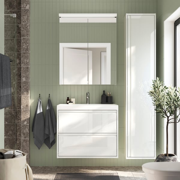 ÄNGSJÖN / BACKSJÖN - Washbasin/drawer/misc cabinet, gloss white,80x48x69 cm